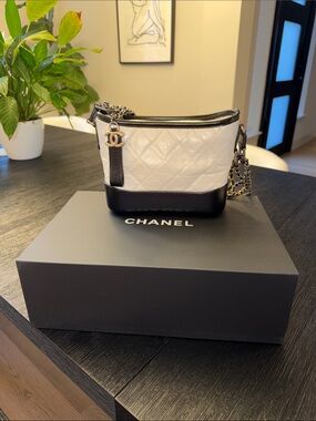 Authentic CHANEL Gabrielle Full Set White & Black Quilted Mini Crossbody Tote